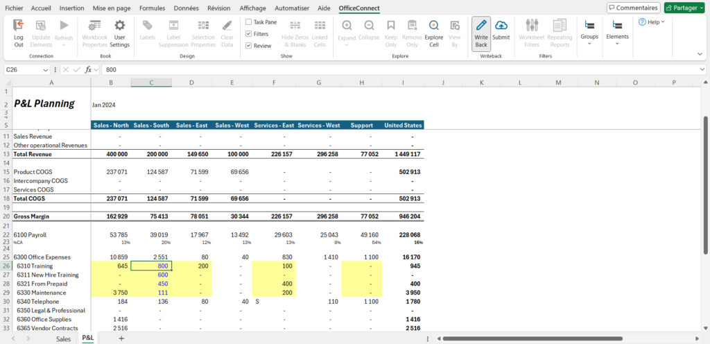 Saisie de budget dans Excel avec OfficeConnect